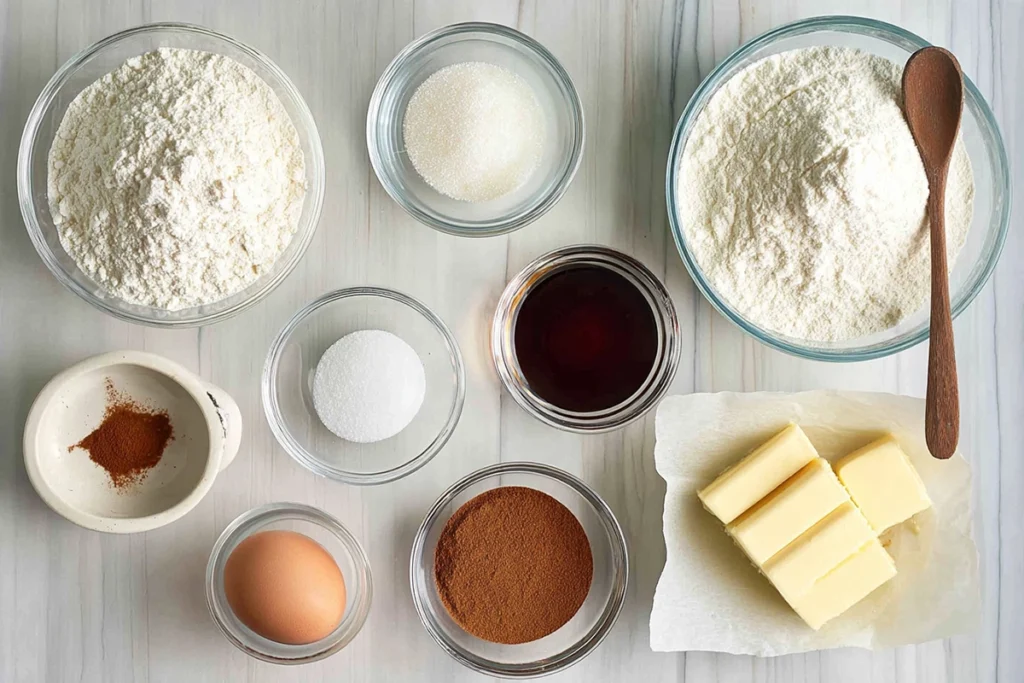 Overhead shot of ingredients for Sweet Air Fryer Churro Bites recipe arranged in glass bowls