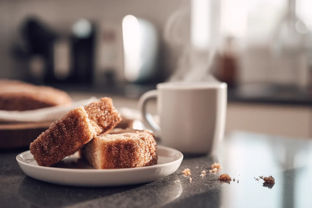 plated cinnamon donut bread slices served with coffee in modern kitchen setting