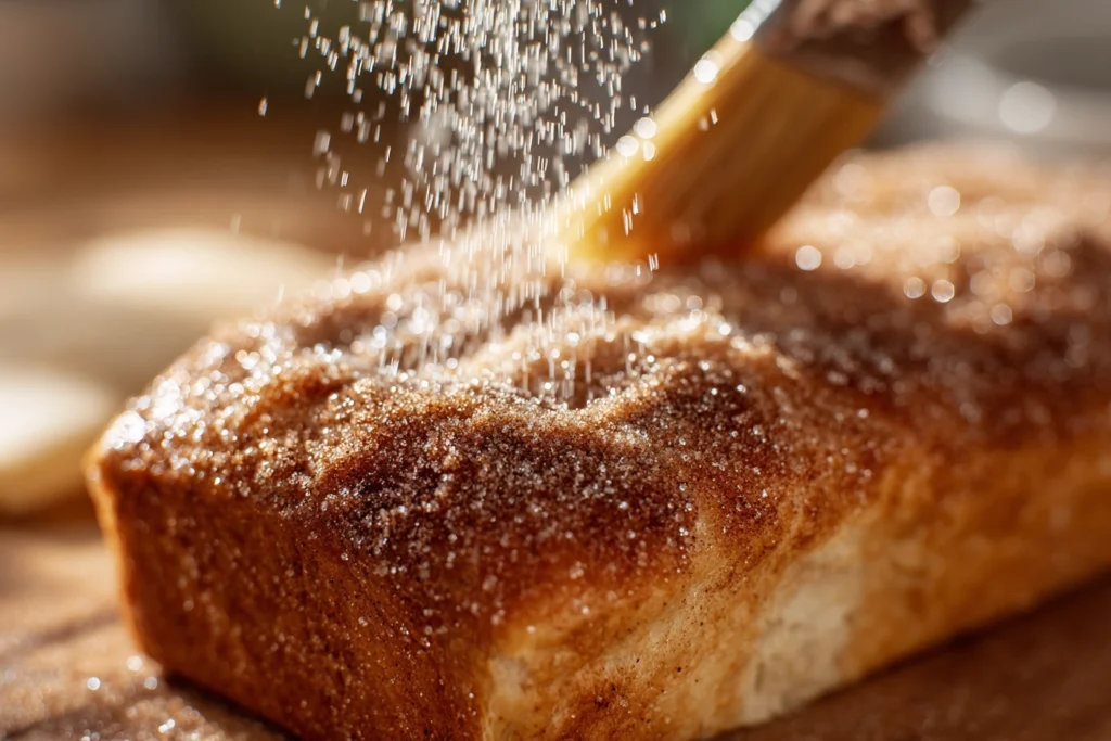 close-up of cinnamon donut bread being coated with cinnamon sugar under bright natural light