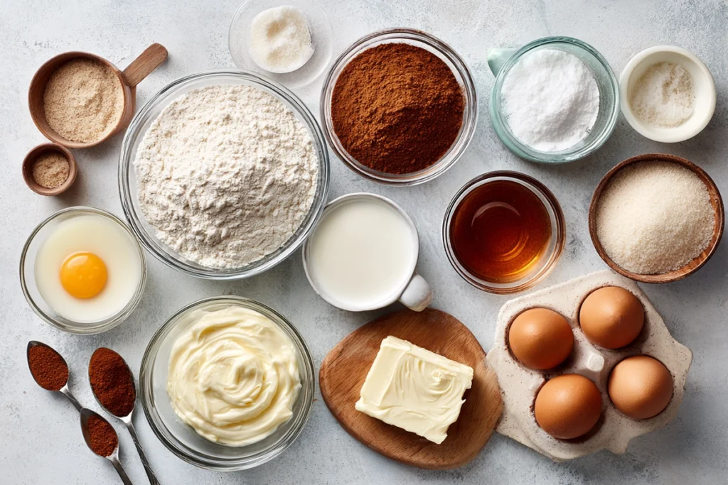 overhead photo of cinnamon donut bread ingredients in glass bowls with soft daylight