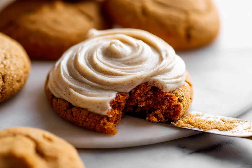close-up of cinnamon frosting on soft pumpkin cookie with smooth creamy texture