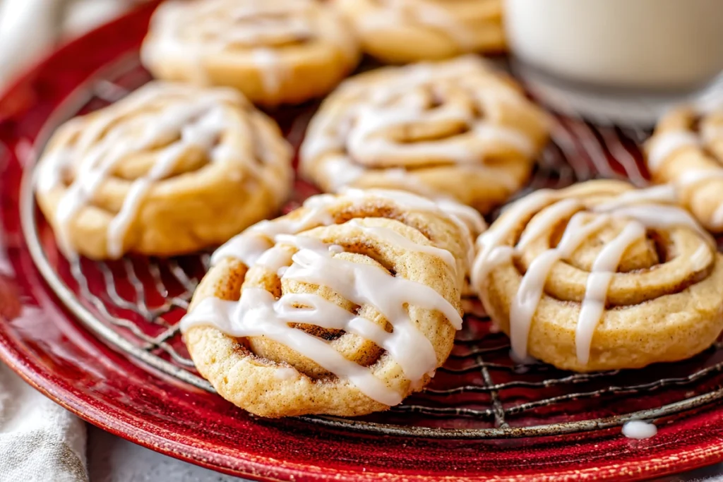 close-up of cinnamon roll cookies being drizzled with vanilla glaze on cooling rack