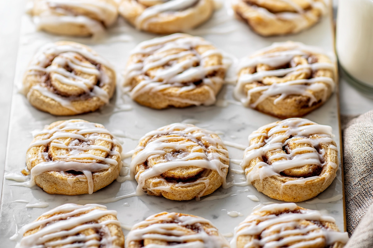 freshly baked cinnamon roll cookies on a white plate in a bright modern kitchen