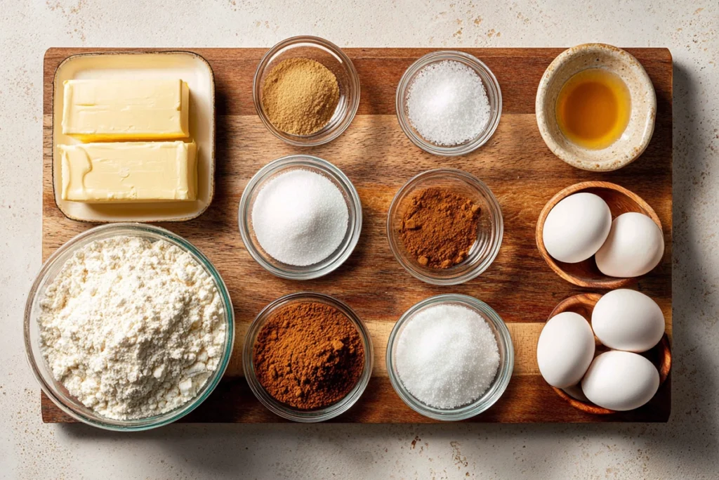 overhead shot of cinnamon roll cookie ingredients in small bowls on a wooden board