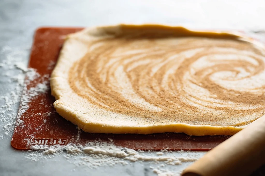 close-up of cinnamon roll cookie dough spread with cinnamon sugar filling