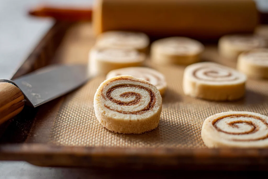 macro shot of cinnamon roll cookie dough log being sliced into rounds