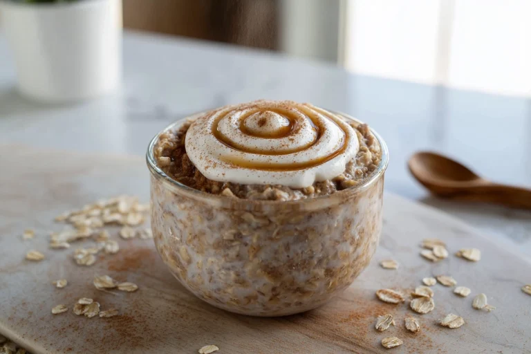 bowl of cinnamon roll overnight oats topped with cream cheese drizzle and cinnamon in bright modern kitchen