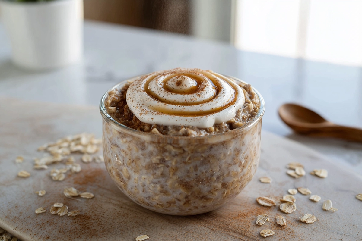 bowl of cinnamon roll overnight oats topped with cream cheese drizzle and cinnamon in bright modern kitchen