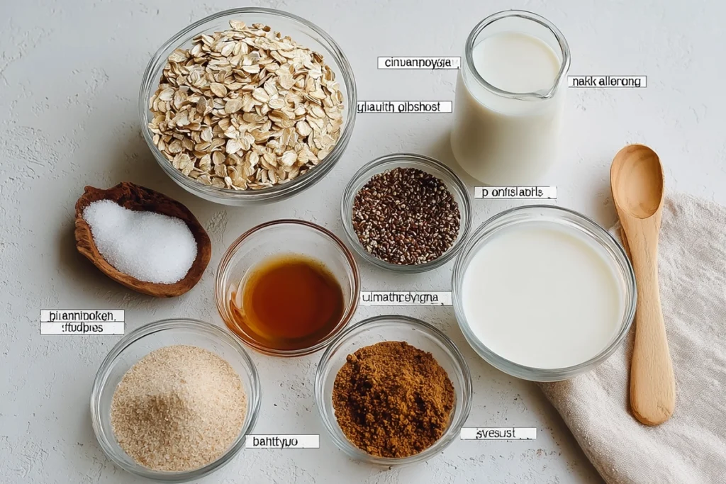 overhead photo of ingredients for cinnamon roll overnight oats including oats, cinnamon, milk, yogurt, and maple syrup