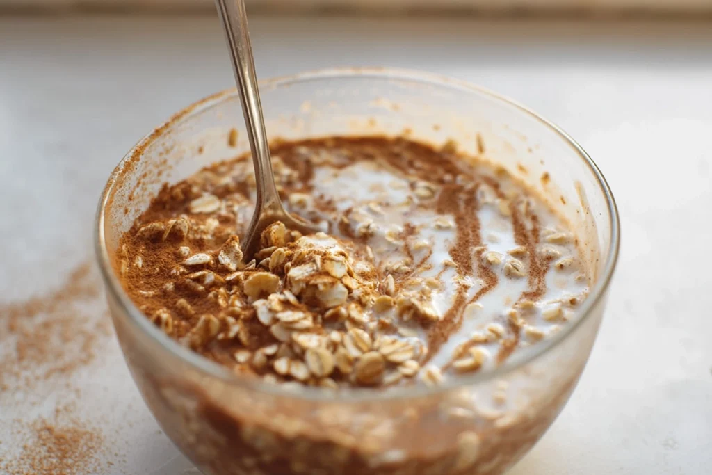 close-up of cinnamon roll overnight oats mixture being stirred in a glass bowl