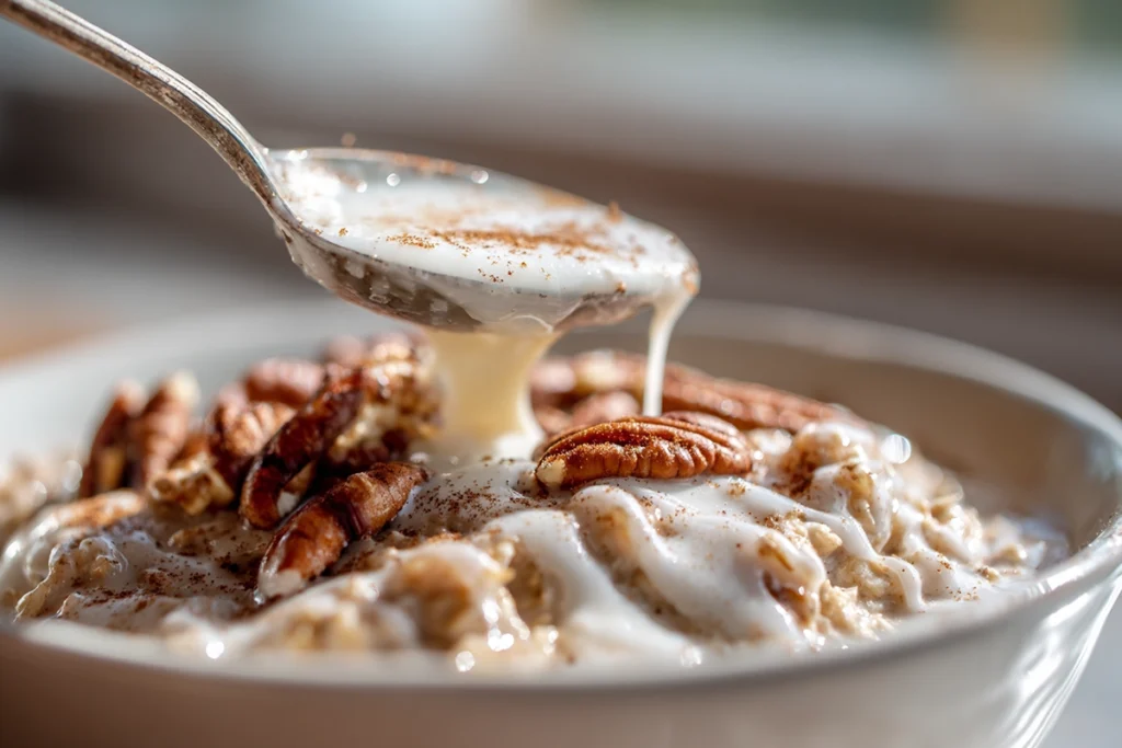 close-up of creamy cinnamon roll overnight oats topped with pecans and glaze