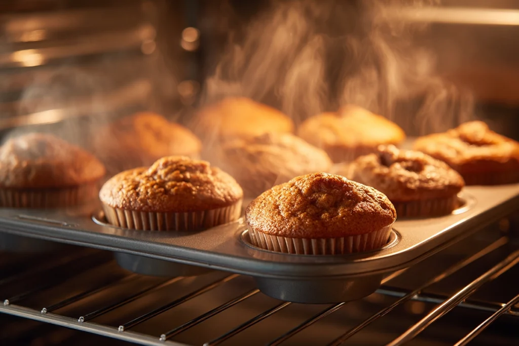 cinnamon roll pumpkin muffins baking in oven with golden tops and caramelized swirl