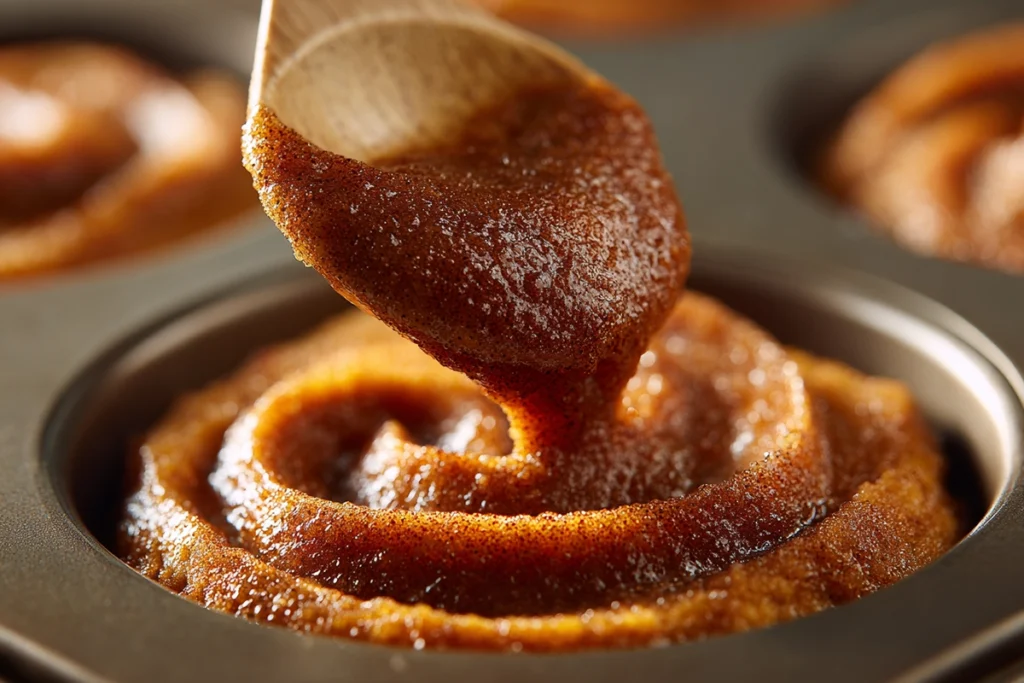 close-up of cinnamon swirl filling being added to pumpkin muffin batter in muffin tin