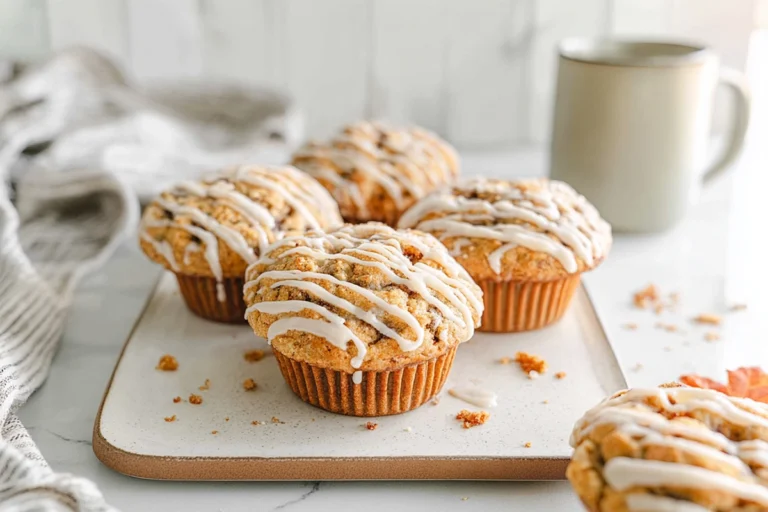 fresh cinnamon roll pumpkin muffins on a plate in natural light modern kitchen