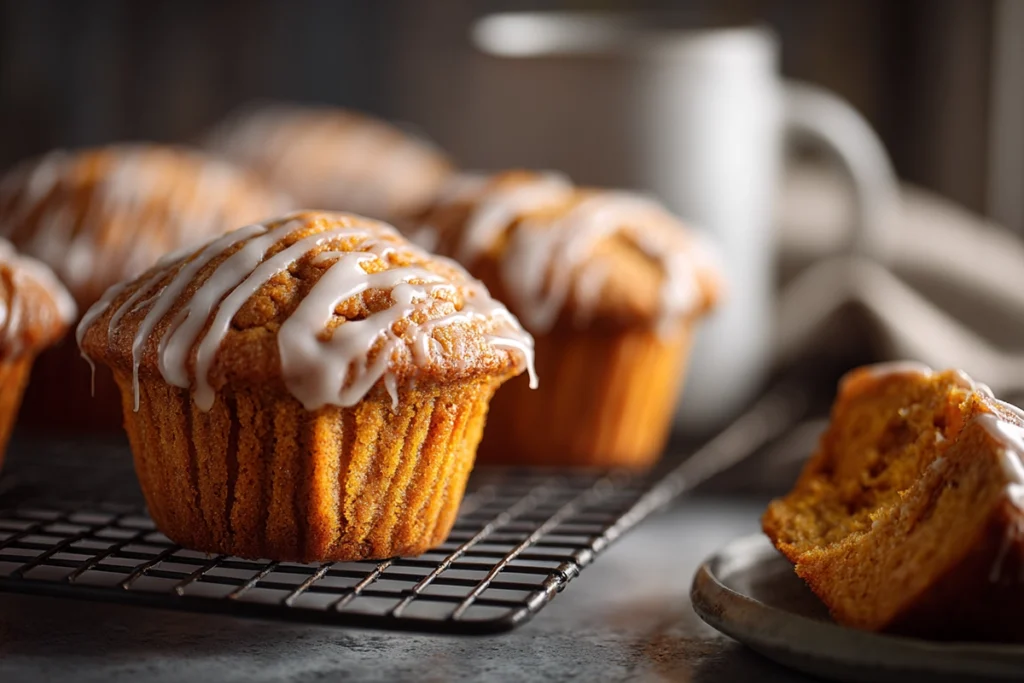 cinnamon roll pumpkin muffins being glazed with cream cheese icing on wire rack