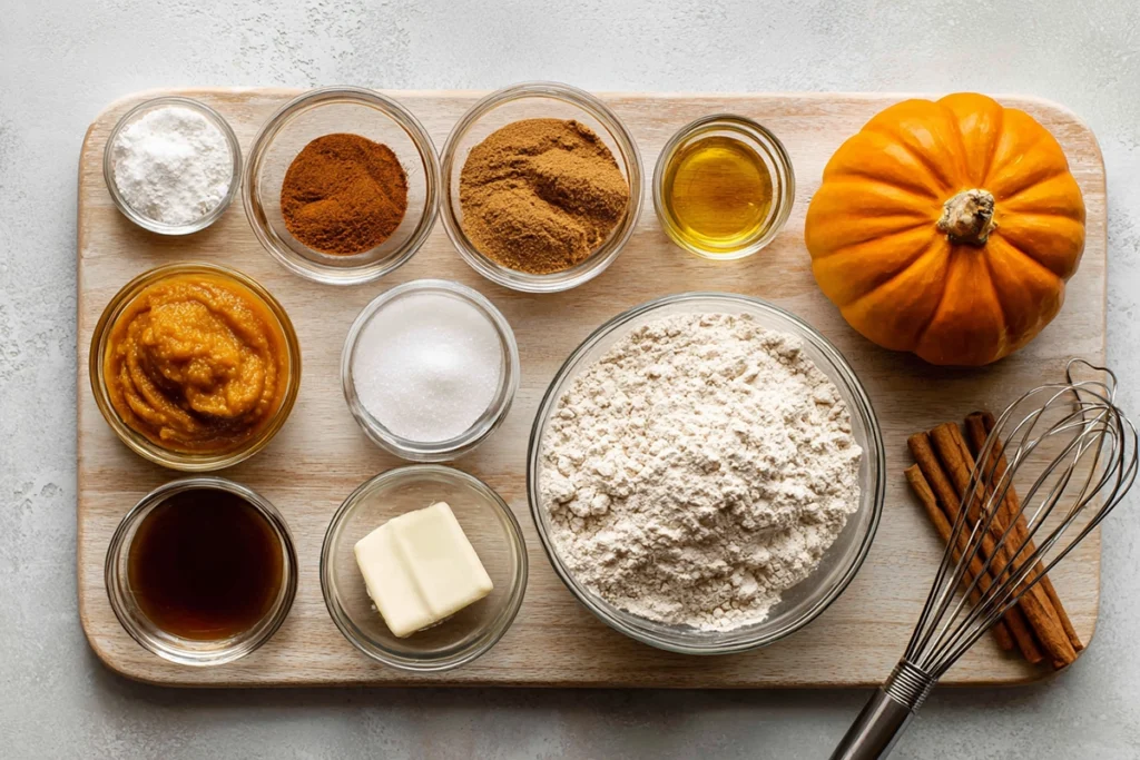 overhead view of cinnamon roll pumpkin muffins ingredients arranged neatly on a wooden board