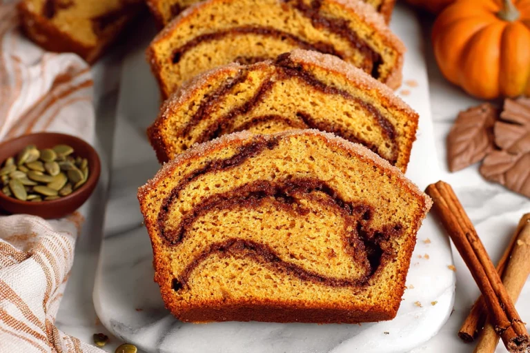 fresh cinnamon swirl pumpkin bread minis on marble counter with soft daylight