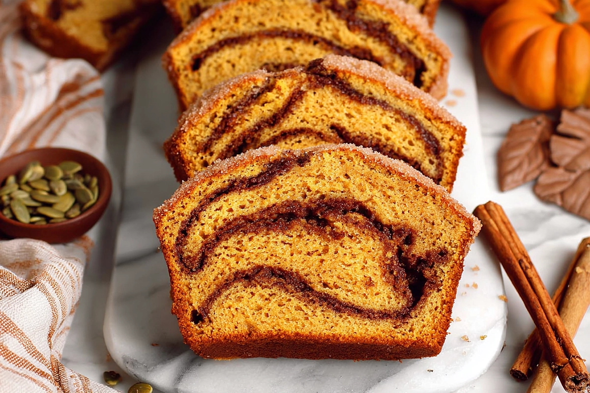 fresh cinnamon swirl pumpkin bread minis on marble counter with soft daylight