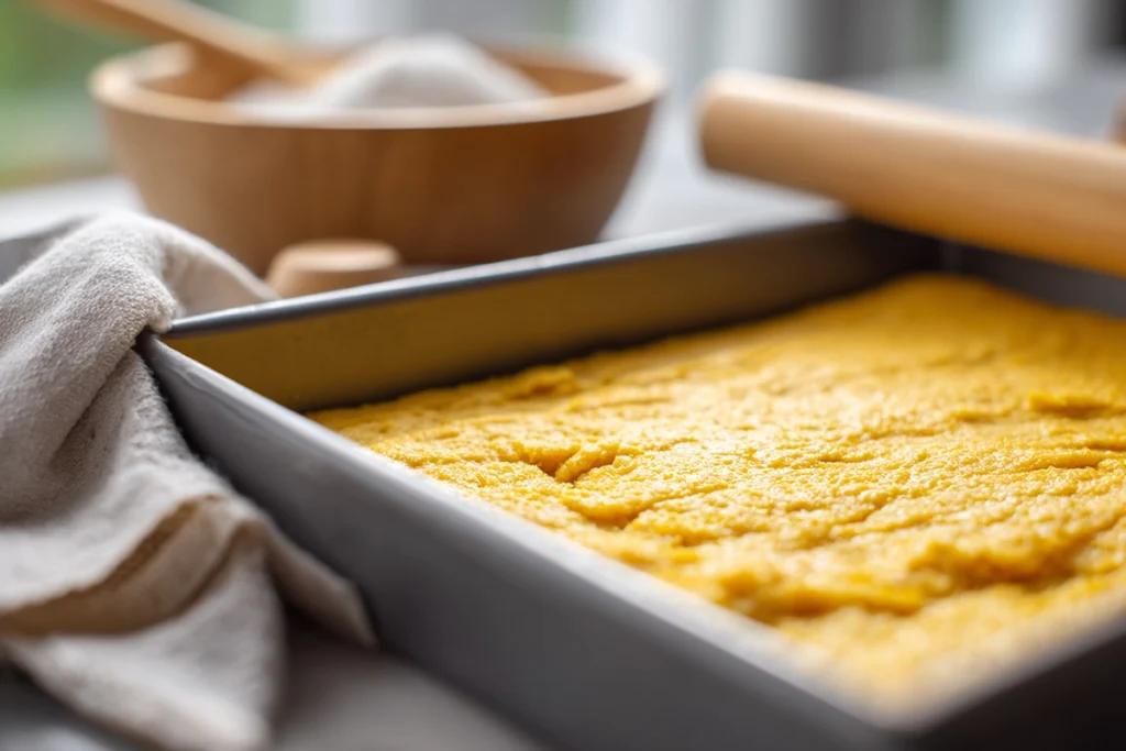 close-up of cannoli square crust being pressed into baking pan before baking