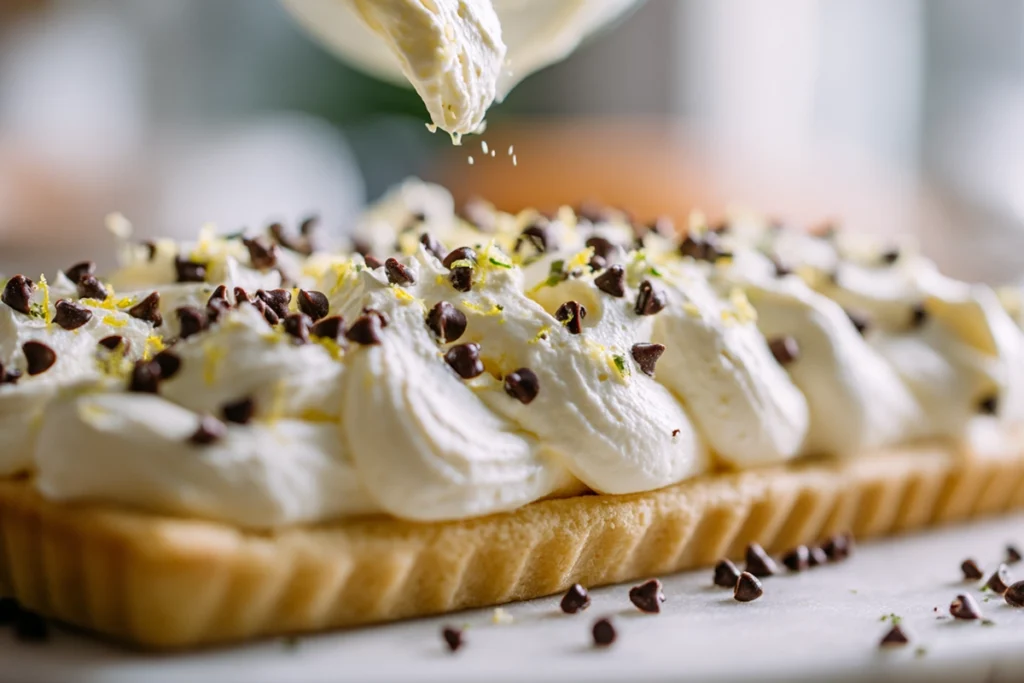 close-up image of ricotta filling with chocolate chips being spread on crust for classic cannoli squares