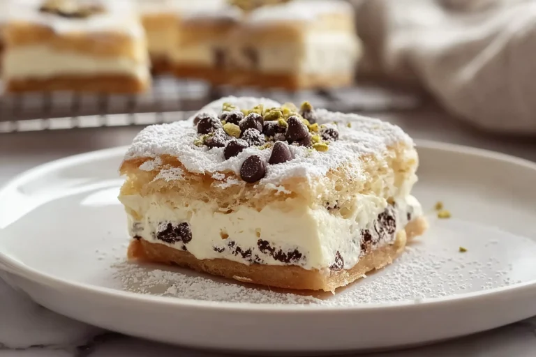 photorealistic image of classic cannoli squares with creamy ricotta filling and powdered sugar on marble countertop