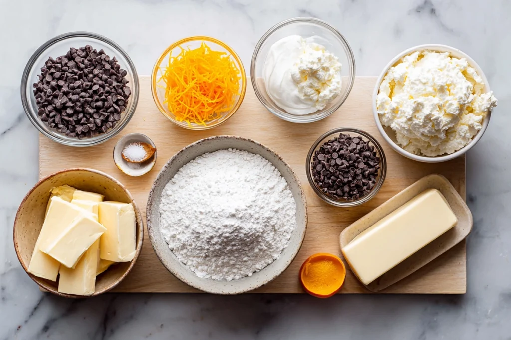 overhead image of ingredients for classic cannoli squares including ricotta, mascarpone, powdered sugar, chocolate chips, and orange zest