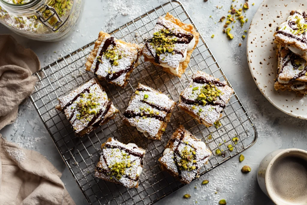 overhead image of classic cannoli squares on cooling rack with powdered sugar and pistachio garnish