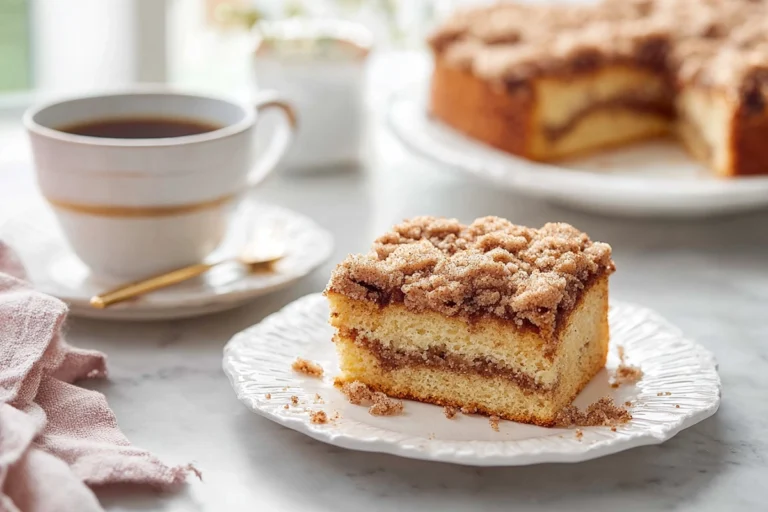 freshly baked coffee cake with cinnamon streusel on modern kitchen counter