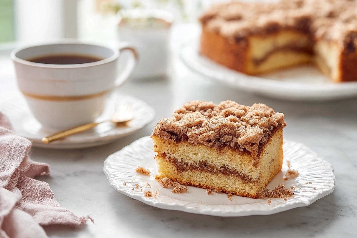 freshly baked coffee cake with cinnamon streusel on modern kitchen counter