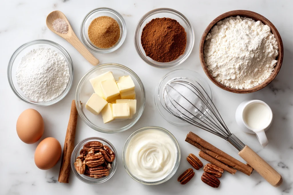 overhead shot of coffee cake ingredients in glass bowls on marble counter