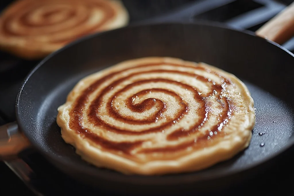 Fluffy Vegan Cinnamon Roll Pancakes – The Best Brunch Treat You’ll Ever Make 9 pancake cooking in skillet with cinnamon swirl for vegan cinnamon roll pancakes