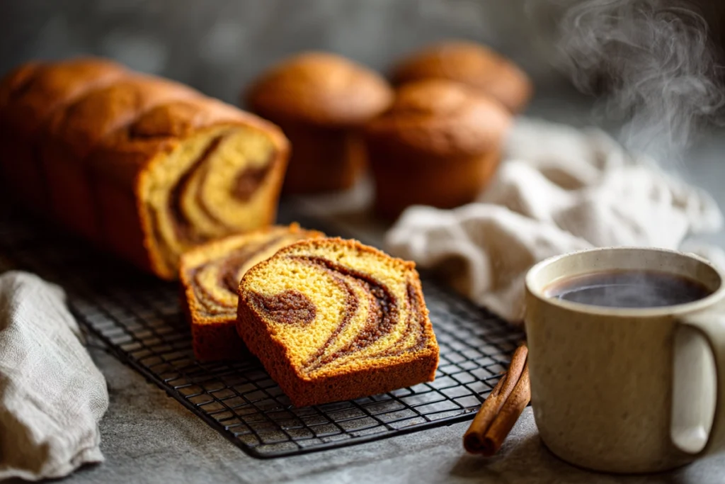 Cozy Cinnamon Swirl Pumpkin Bread Minis – Your Perfect Fall Treat 10 freshly baked cinnamon swirl pumpkin bread minis cooling on rack with coffee cup