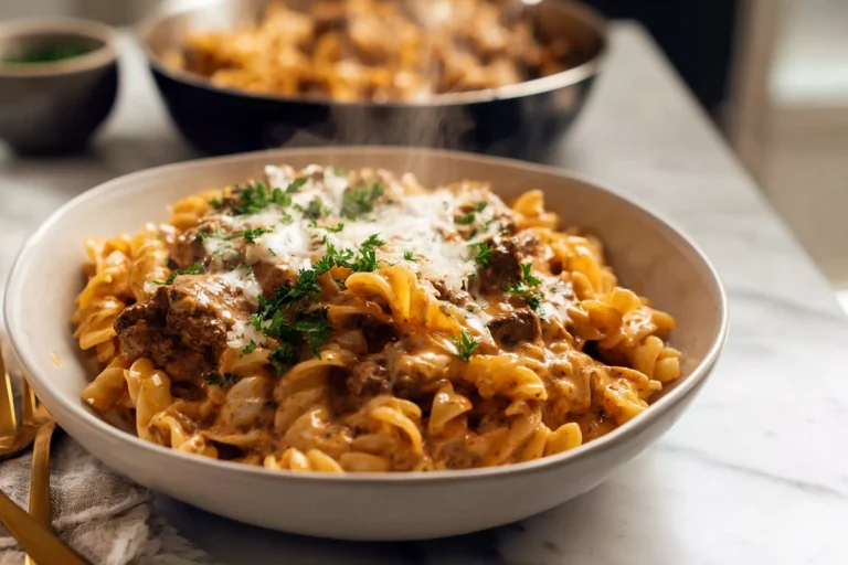 creamy beef pasta in modern kitchen with fresh garnish and creamy sauce
