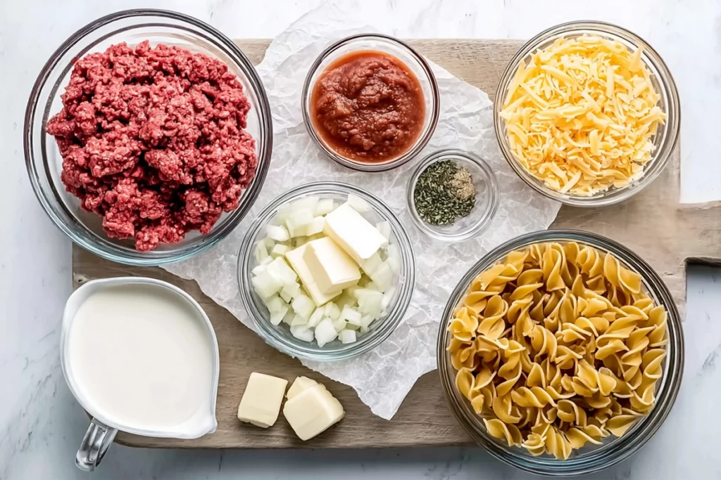 overhead view of creamy beef pasta ingredients arranged in glass bowls