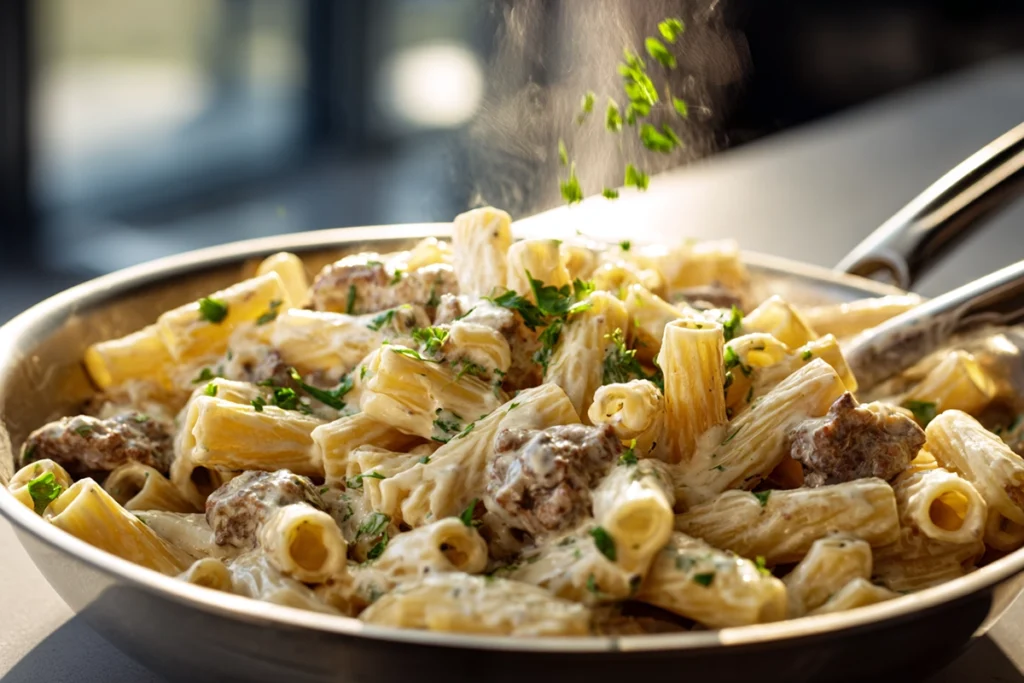 Tossing Creamy Beef Sausage Alfredo Rigatoni with parsley garnish in stainless steel skillet under natural daylight.