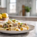 Creamy Beef Sausage Alfredo Rigatoni plated on a modern white dish with parsley garnish in bright natural kitchen light.