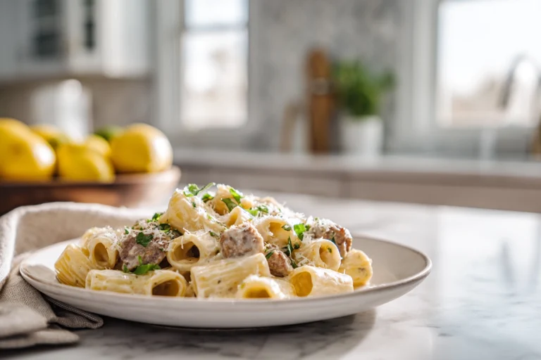 Creamy Beef Sausage Alfredo Rigatoni plated on a modern white dish with parsley garnish in bright natural kitchen light.