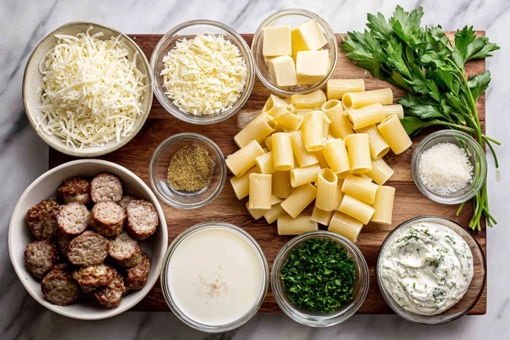 Flat lay of ingredients for Creamy Beef Sausage Alfredo Rigatoni including rigatoni pasta, beef sausage, Parmesan, and cream on a modern kitchen counter.