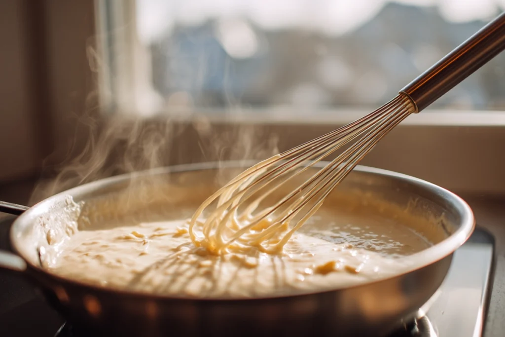 Stirring creamy Alfredo sauce for Creamy Beef Sausage Alfredo Rigatoni in saucepan under natural kitchen light.