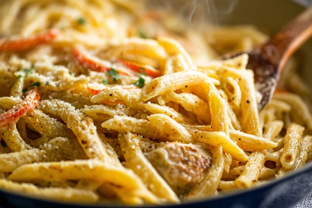 Five Ingredient Creamy Cajun Chicken Pasta: A Quick Comfort Dinner You’ll Love 10 close-up texture shot of creamy Cajun chicken pasta showing sauce and seasoning detail