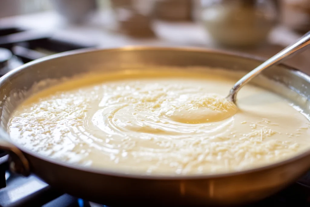 Five Ingredient Creamy Cajun Chicken Pasta: A Quick Comfort Dinner You’ll Love 9 Cajun cream sauce simmering in skillet for creamy Cajun chicken pasta