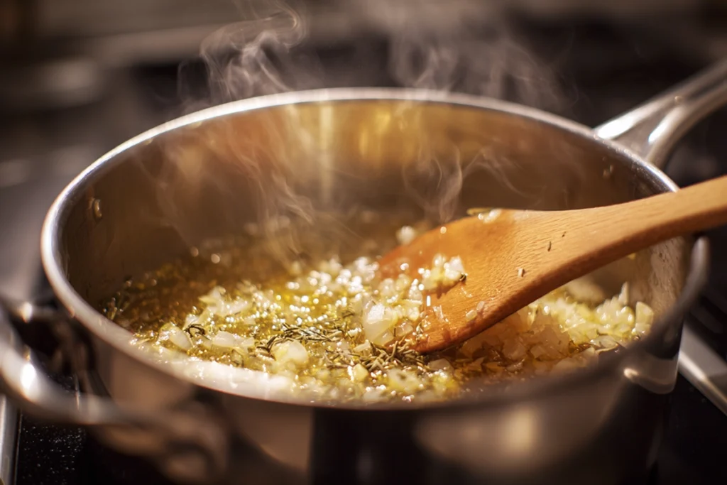 Onions and garlic sautéing in olive oil for Creamy Chicken Parmesan Soup, captured close-up with natural light and visible steam