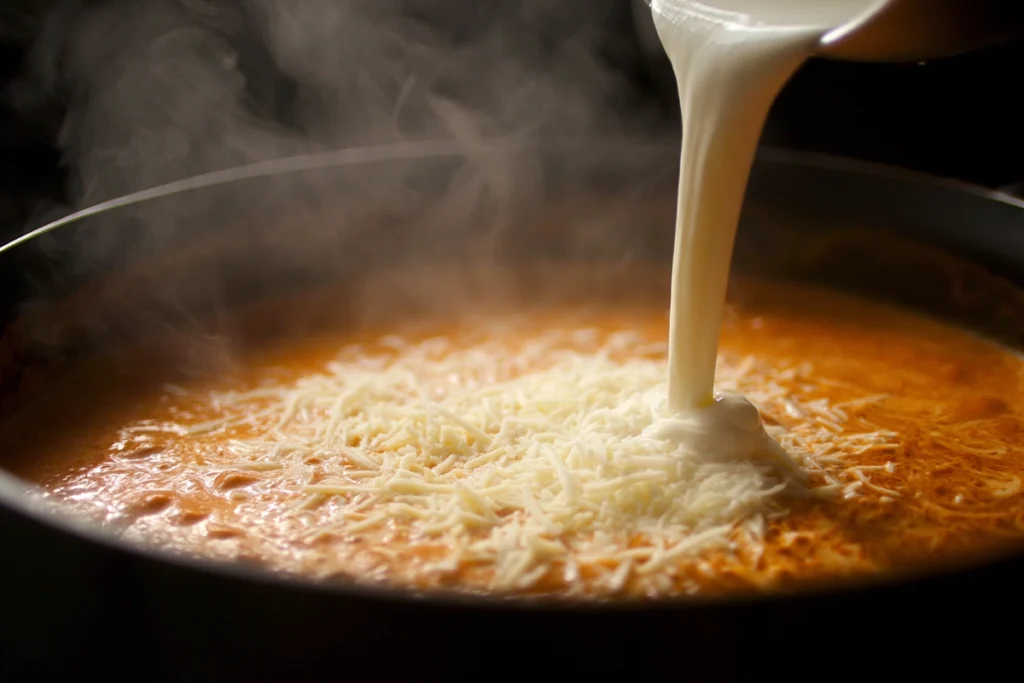 Pouring cream and cheese into simmering tomato broth to make Creamy Chicken Parmesan Soup, shot in natural light for rich texture