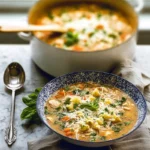 creamy chicken parmesan soup in a modern kitchen bowl with basil and parmesan garnish