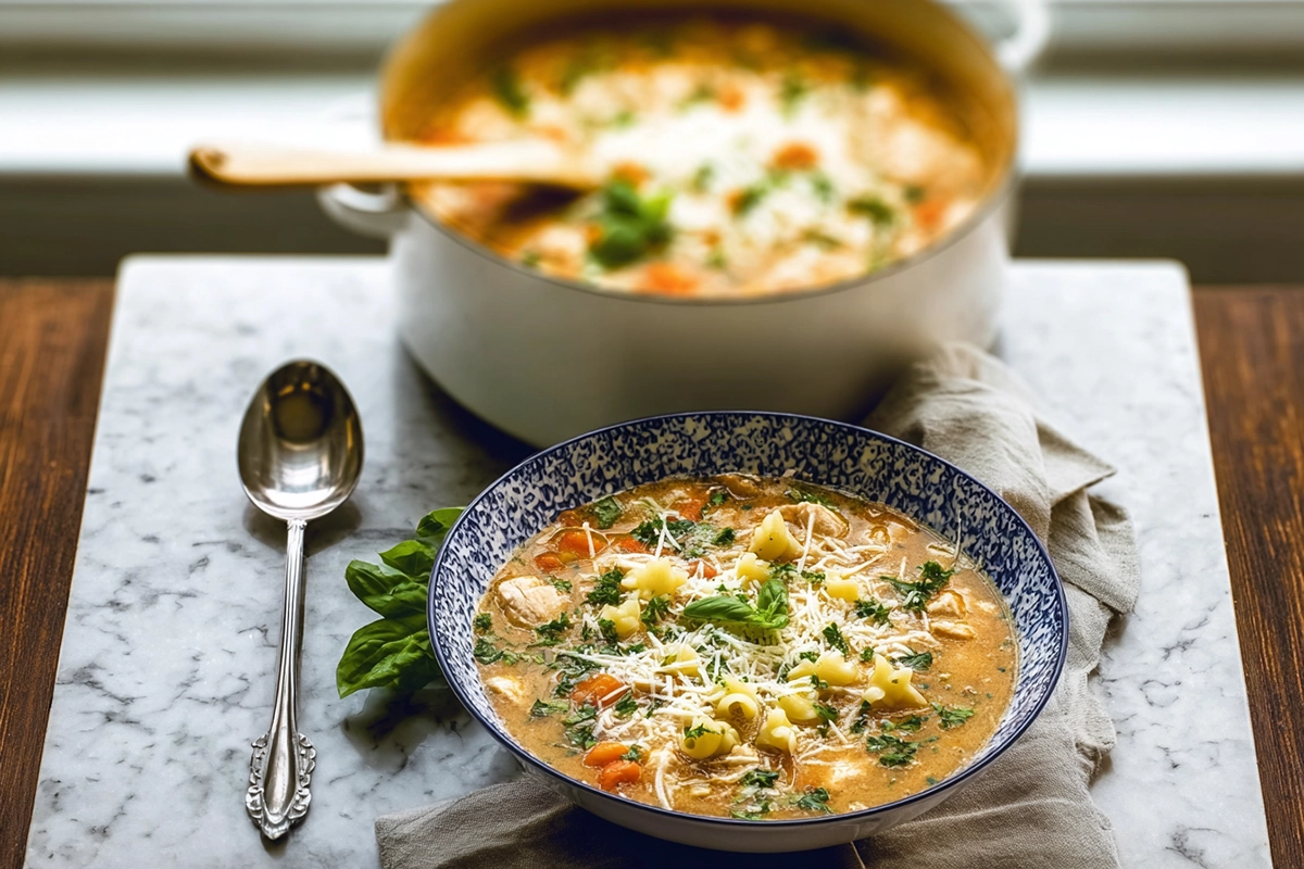 creamy chicken parmesan soup in a modern kitchen bowl with basil and parmesan garnish