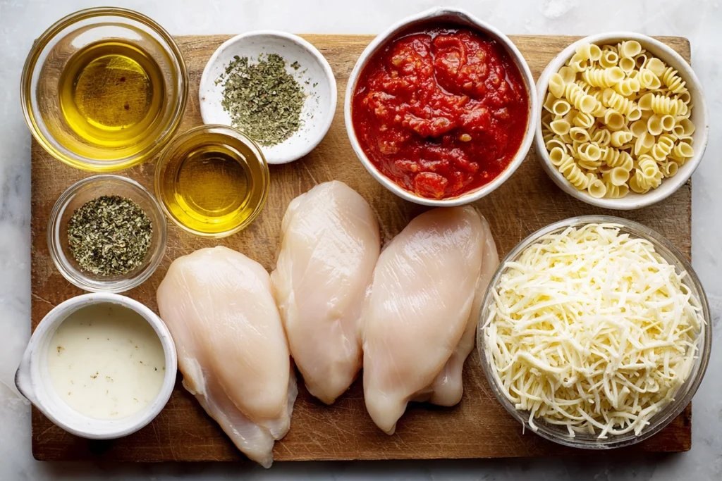 Overhead view of fresh ingredients for Creamy Chicken Parmesan Soup including chicken, cheese, tomatoes, cream, and pasta on a modern kitchen counter