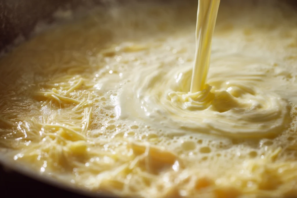 pouring milk and melting cheese into creamy cowboy soup