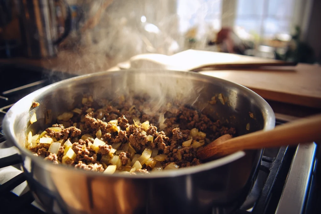 browning beef and onions in pot for creamy cowboy soup