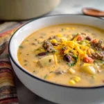 creamy cowboy soup in modern kitchen with cheese and herbs
