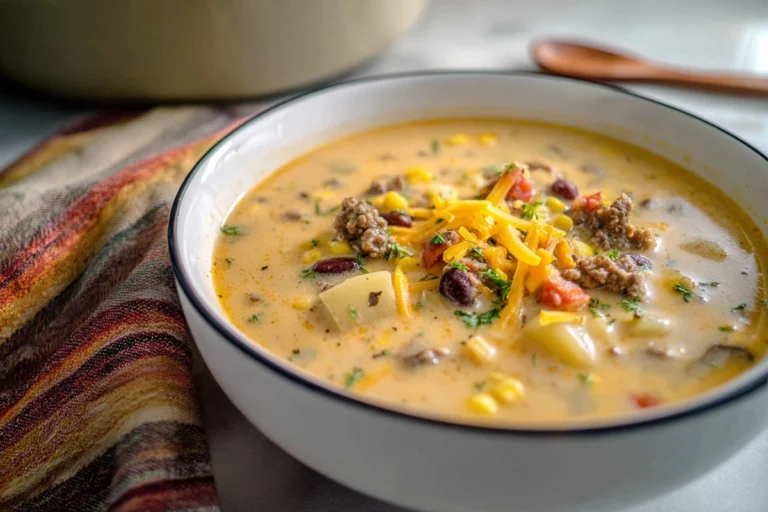 creamy cowboy soup in modern kitchen with cheese and herbs